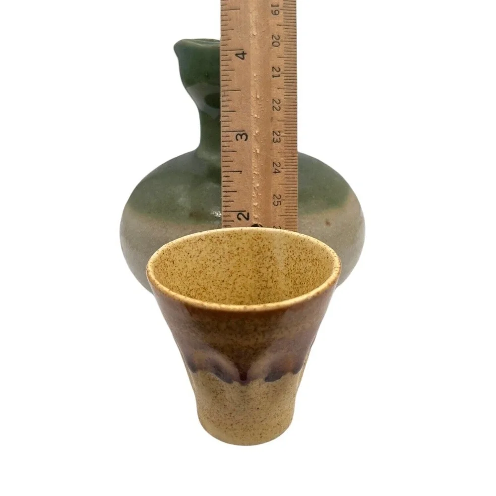 Japanese Pottery Stoneware Sake Set Carafe Two Cups Earth Tone Sage Green Tan